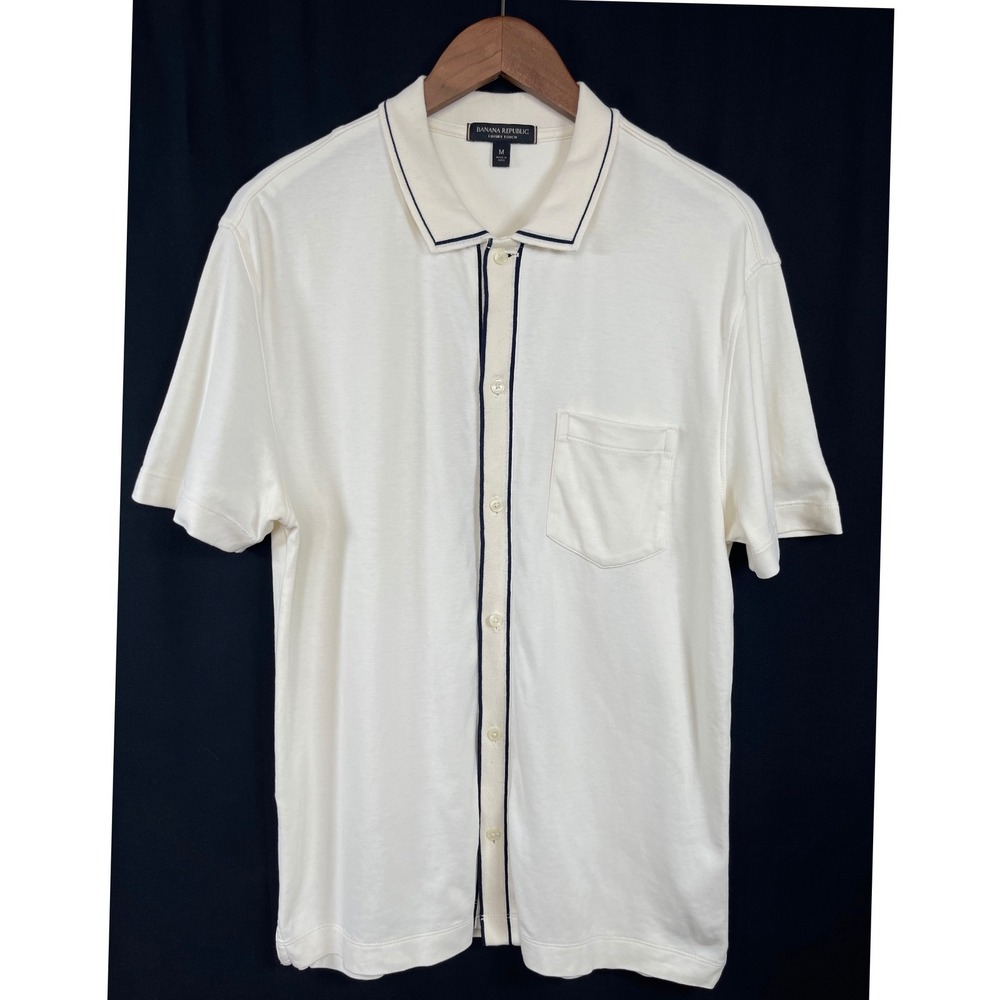 Banana Republic Mens Polo Luxury Touch Button Front M Off-White Preppy Old Money